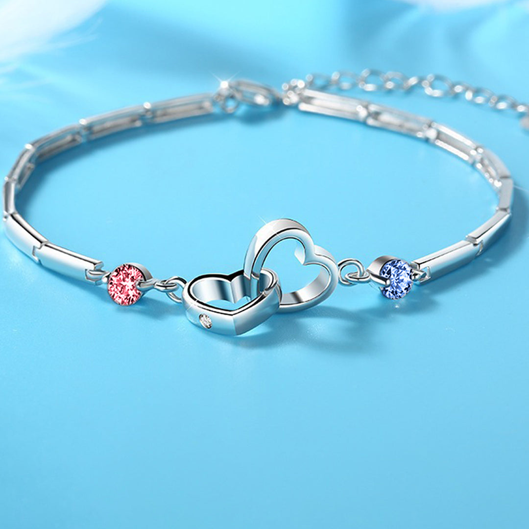 S925 Mother & Daughter Forever Linked Together Custom Birthstone Double Heart Bracelet